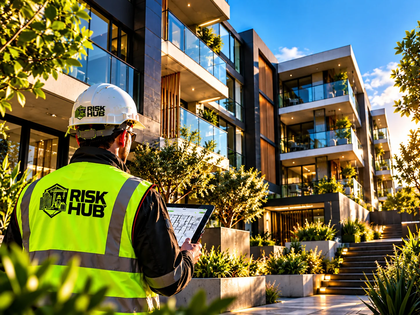 Inspector assessing a modern apartment complex