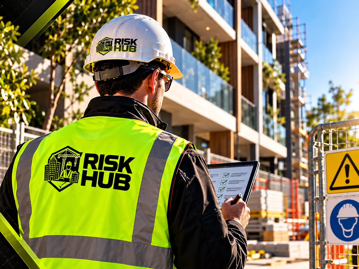 Safety inspector reviewing a checklist near site safety signs